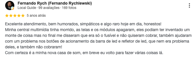 Avaliação de Fernando Rych no Google — 5 estrelas